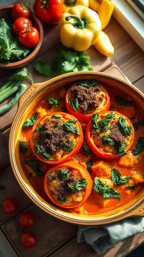 A colorful stuffed pepper casserole dish with vibrant peppers, sautéed kale, and a hint of cocoa.