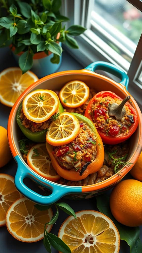 A vibrant stuffed pepper casserole with lemon zest and orange slices, showcasing colorful bell peppers filled with a savory mixture.