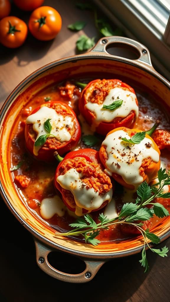 A delicious stuffed pepper casserole topped with creamy cheese and fresh herbs.