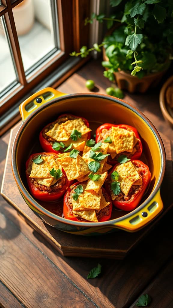 Stuffed pepper casserole topped with crushed tortilla chips, garnished with cilantro.