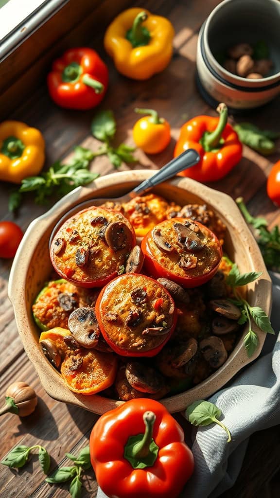 Stuffed pepper casserole with roasted mushrooms and various spices, showcasing a vibrant mix of ingredients.