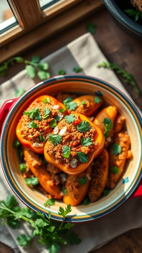 A vibrant stuffed pepper casserole with fresh herbs, showcasing a delicious and colorful meal.