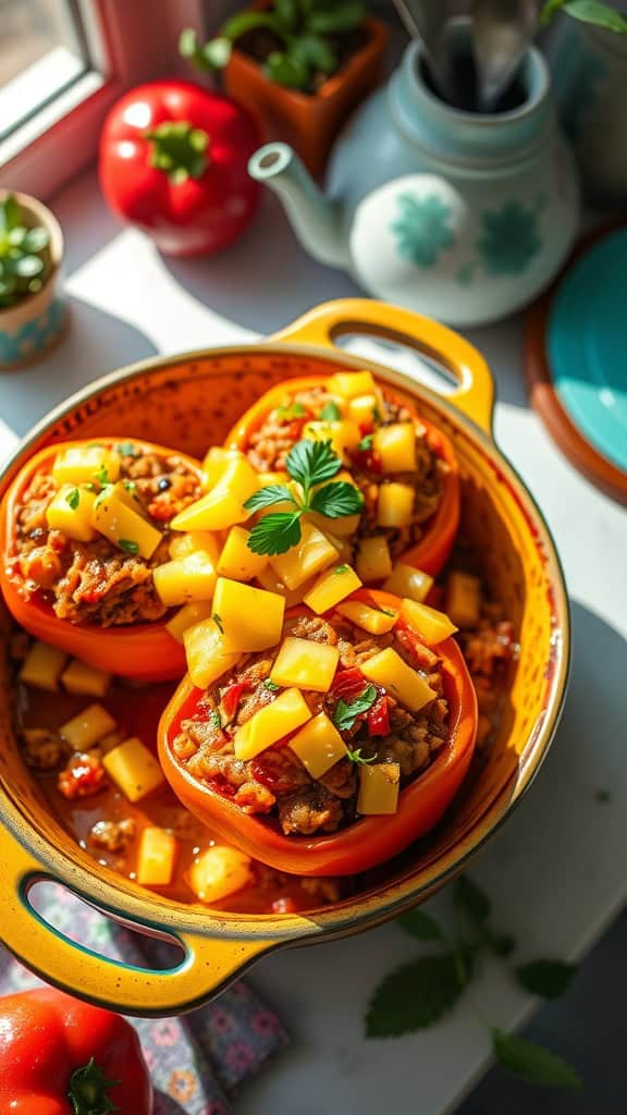 Stuffed pepper casserole topped with chopped mango and diced pineapple.