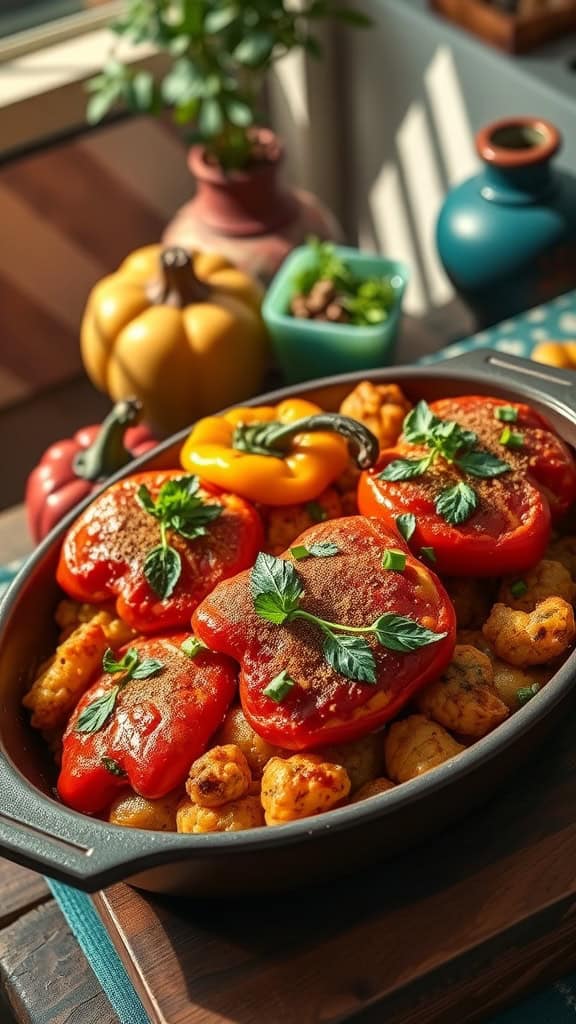 A colorful stuffed pepper casserole featuring bell peppers filled with a savory mixture.