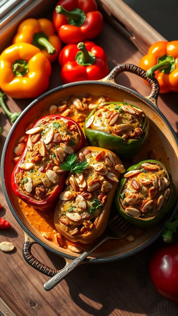 Stuffed pepper casserole topped with toasted almonds