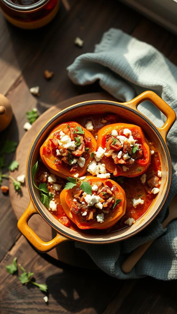 Stuffed pepper casserole topped with crumbled feta and herbs