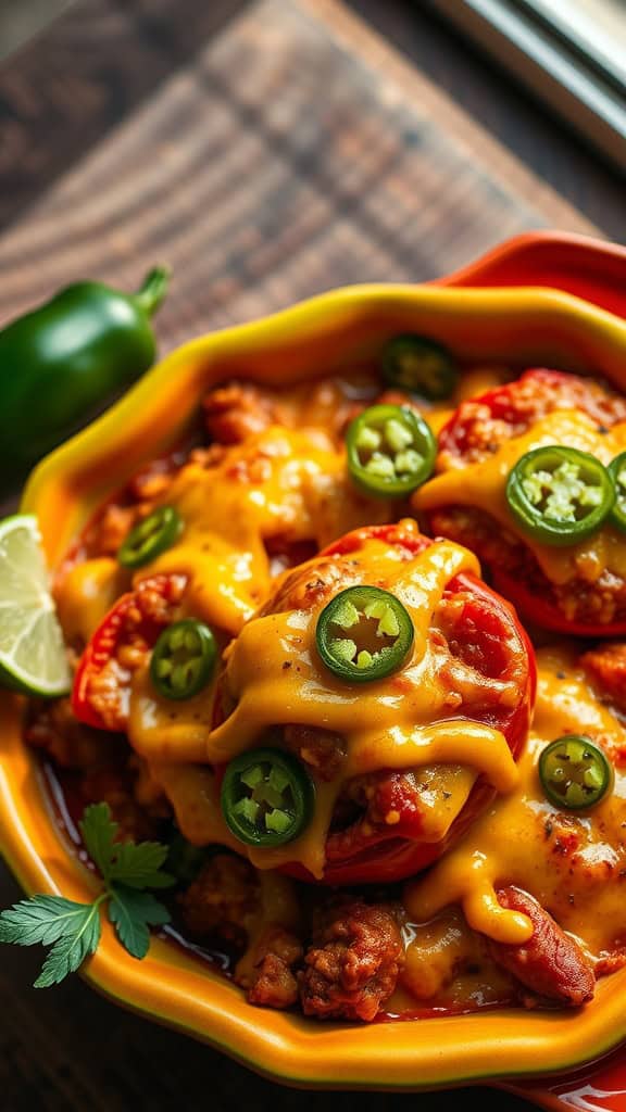 A colorful stuffed pepper casserole topped with cheese and jalapeños in a ceramic dish