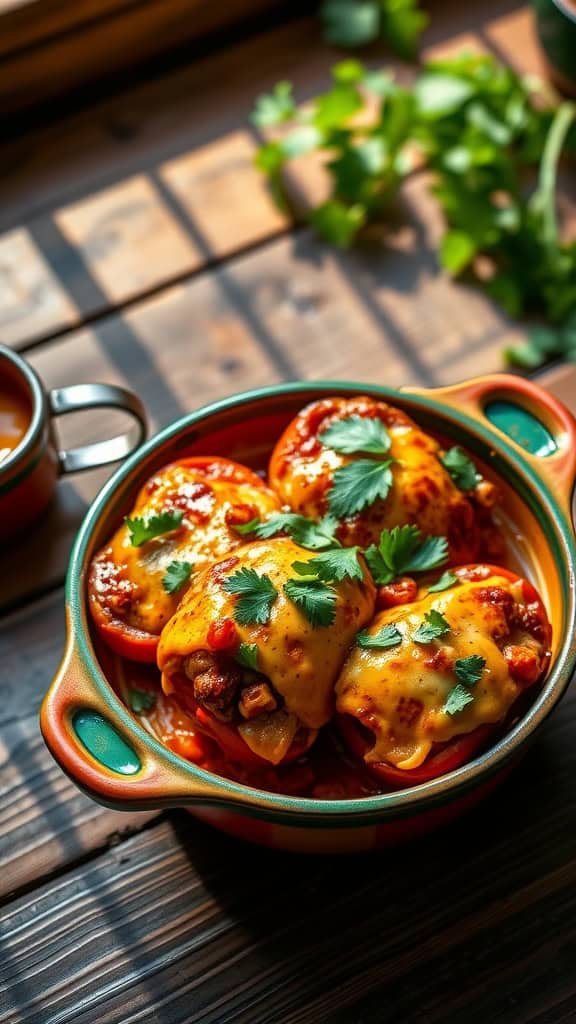 A delicious stuffed pepper casserole topped with cheese and garnished with cilantro.