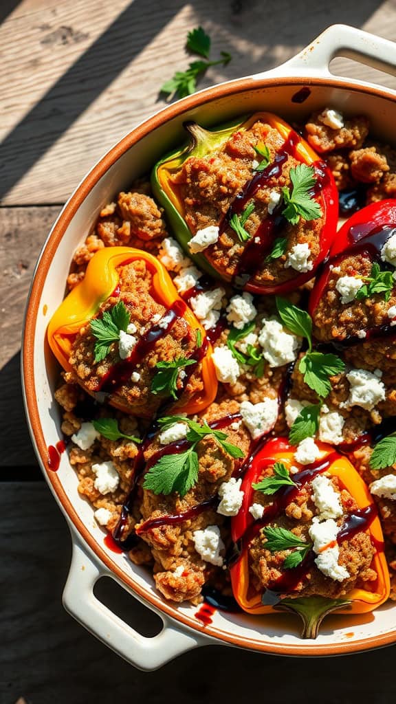 Stuffed bell peppers topped with feta and balsamic glaze in a baking dish.