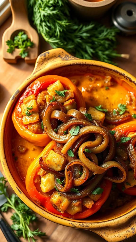 A delicious stuffed pepper casserole featuring sweet and savory ingredients with a hint of honey.