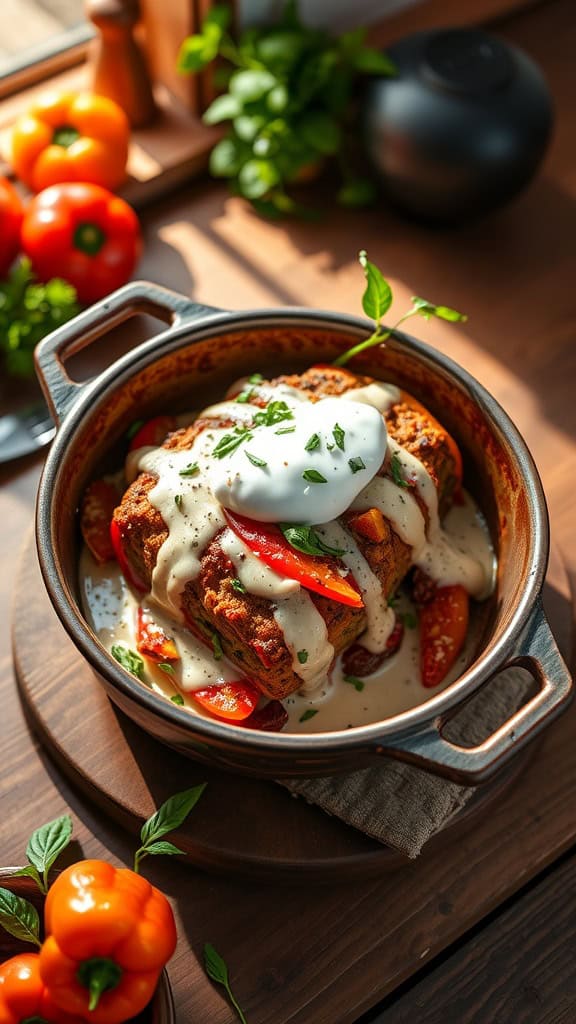 Baked stuffed pepper casserole topped with creamy sauce and fresh herbs.