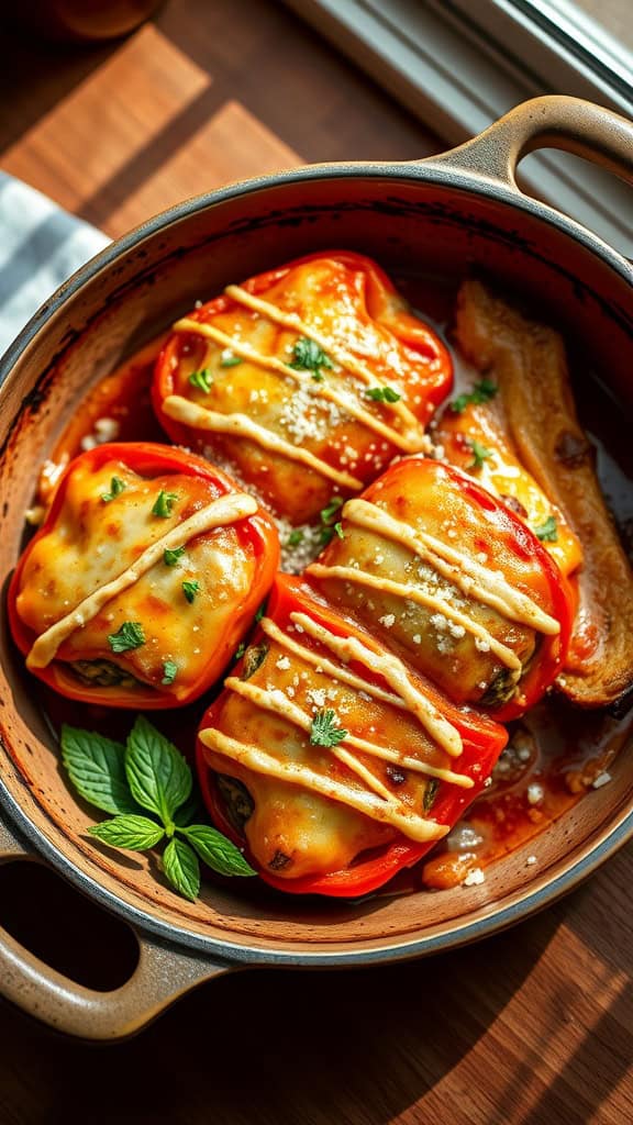 Delicious stuffed pepper casserole with melted cheese and green garnishes