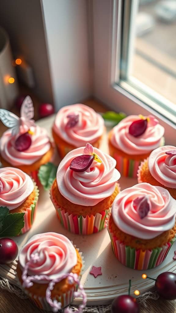 Delicious plum-flavored cupcakes topped with pastel swirls of frosting