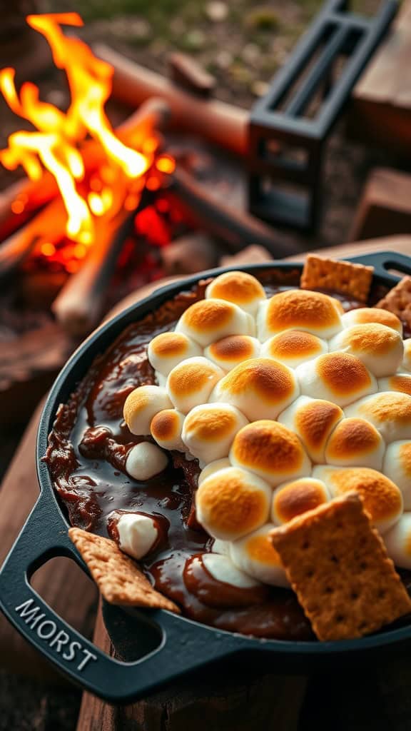 A warm, gooey s'mores dip with golden marshmallows and graham crackers for dipping.