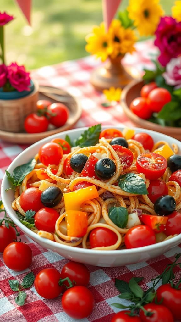 A colorful pasta salad with cherry tomatoes, bell peppers, olives, and fresh herbs.