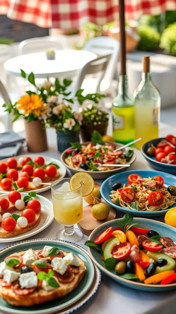 A vibrant summer Italian party spread featuring fresh salads, pastas, and drinks