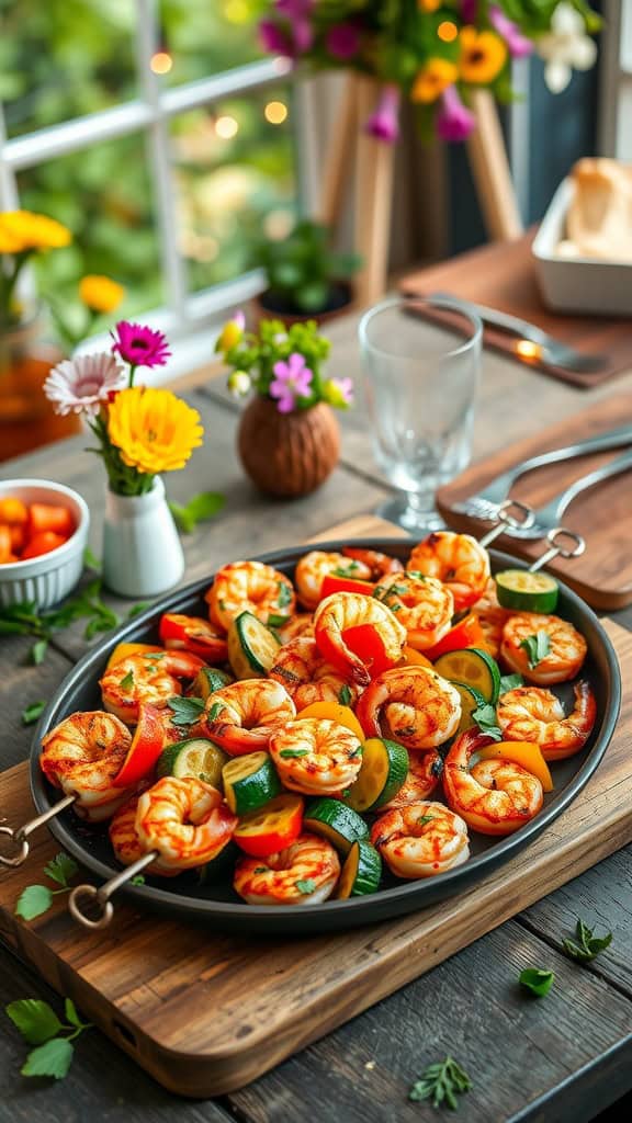 A platter of grilled shrimp skewers with assorted vegetables, garnished with herbs.