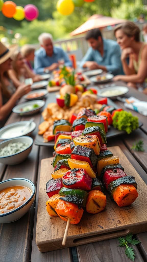 Colorful grilled veggie skewers on a wooden board, ready to be served.