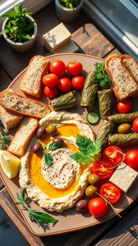 A colorful Mediterranean mezze board with hummus, olives, feta cheese, and fresh vegetables.