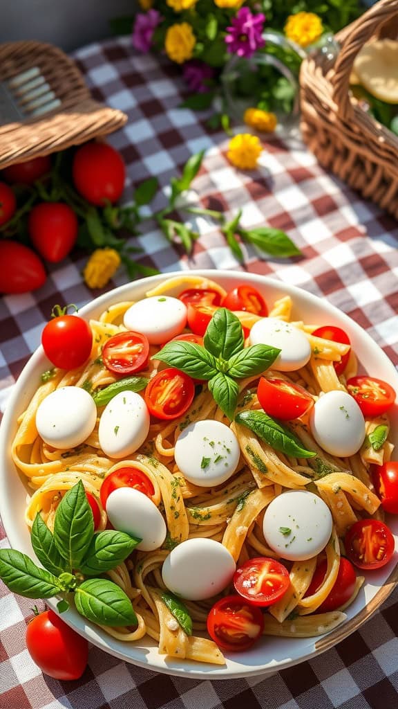 A delicious plate of Caprese Pasta Salad with cherry tomatoes, mozzarella balls, and fresh basil served on a picnic table.