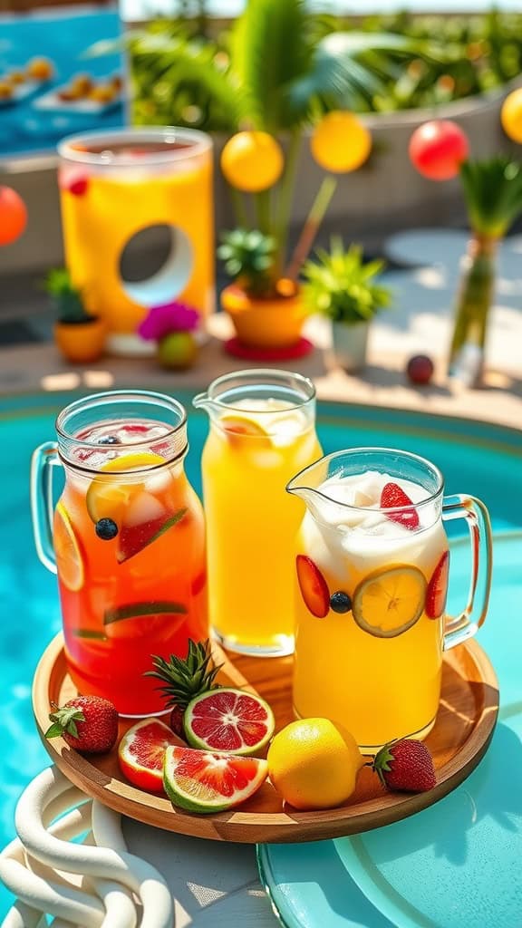 A vibrant display of fresh lemonade and fruit-infused water, perfect for a summer pool party.