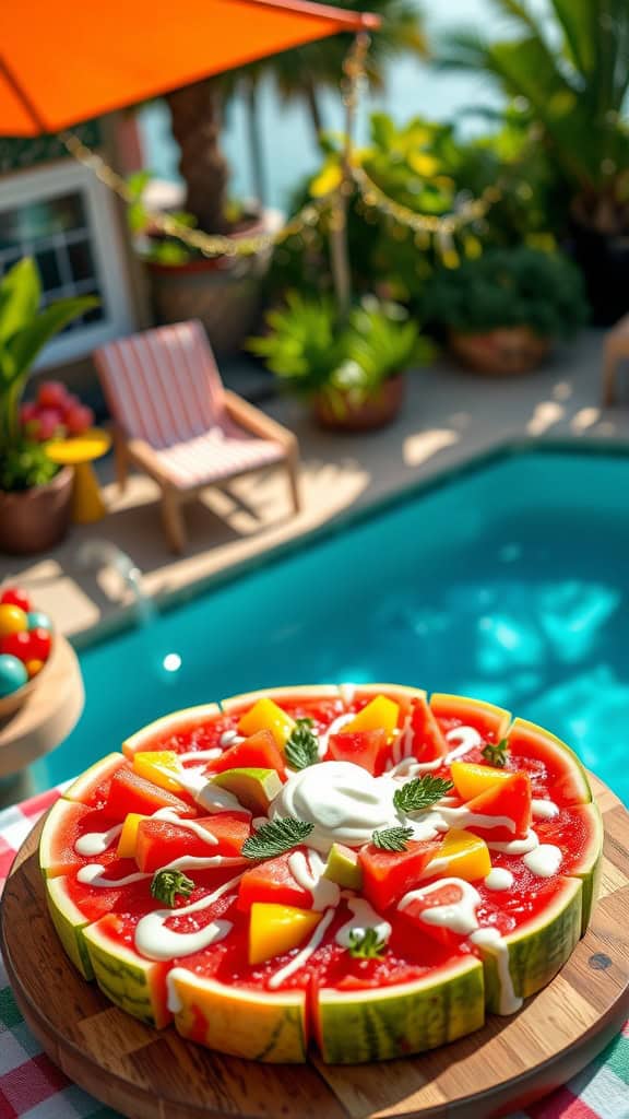 A vibrant watermelon pizza topped with colorful fruits and yogurt drizzle, perfect for summer parties.