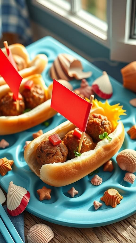 Mini meatball subs with pirate flag toppers served on a blue plate surrounded by seashells.