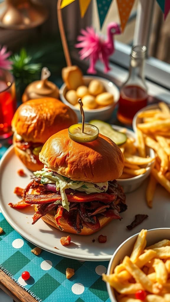 BBQ pulled pork sliders served with coleslaw and fries