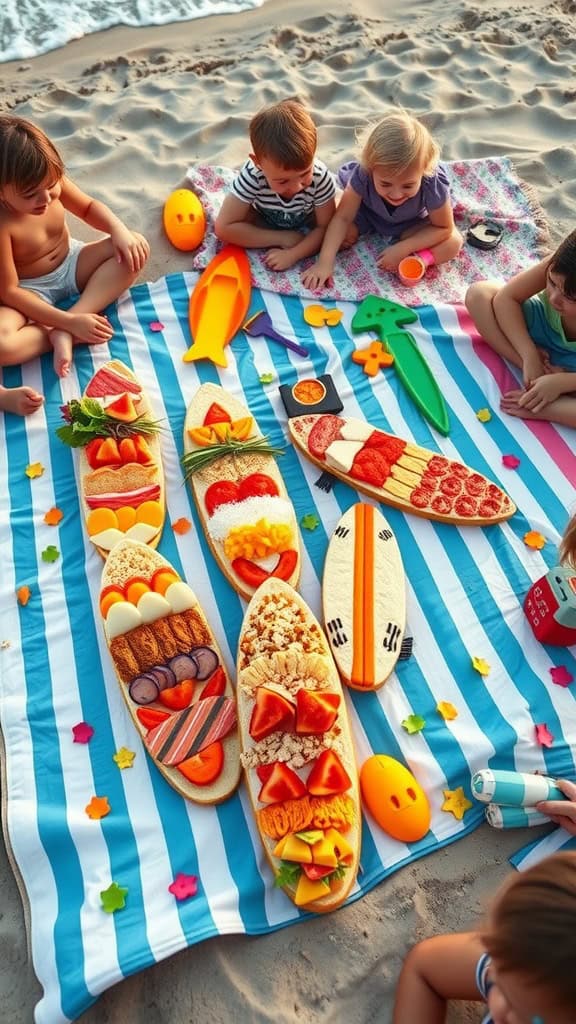 Colorful surfboard-shaped sandwiches arranged for kids at a beach party.