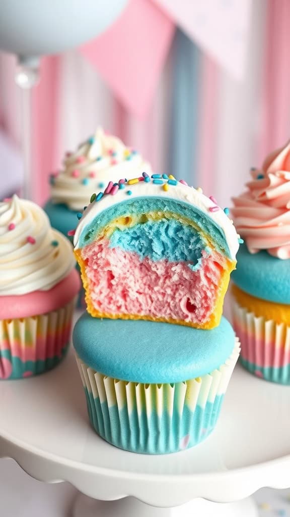 Colorful surprise cupcakes for a gender reveal party