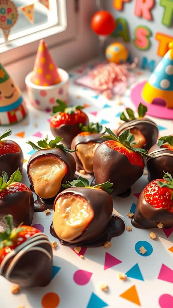 Chocolate-dipped strawberries with creamy filling, perfect for kids' parties.