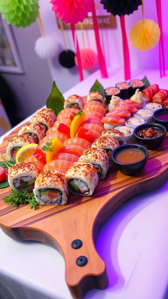 A beautifully arranged Sushi Roll & Sashimi Fusion Platter featuring vibrant sushi rolls and fresh sashimi slices.