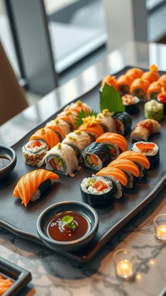 A beautifully arranged platter of sushi rolls with a side of soy sauce.