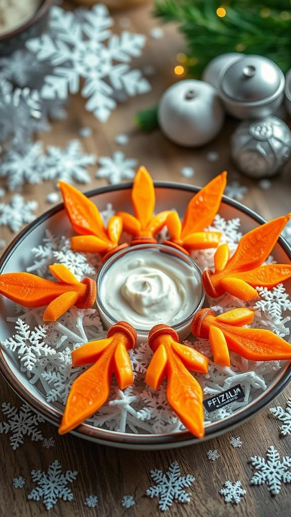 A creative arrangement of carrot sticks resembling Sven's antlers with a bowl of dip in the center, perfect for a Frozen themed party.