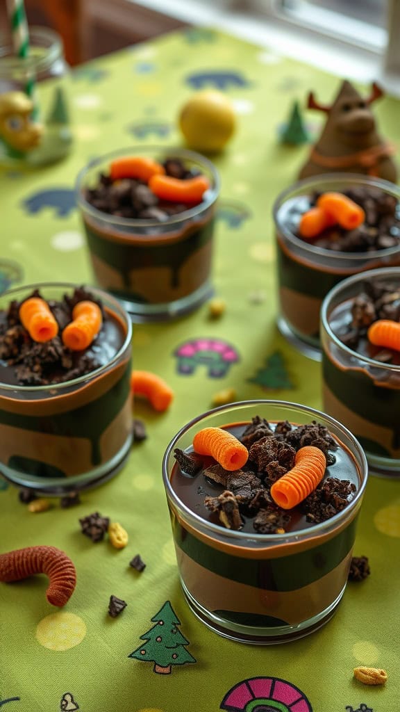 Colorful Swamp Mud Pudding Cups with chocolate pudding and crushed cookies topped with candy on a bright green tablecloth.