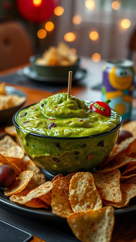 A vibrant green guacamole dip in a bowl surrounded by tortilla chips, with a Shrek-themed pick garnishing the dip.