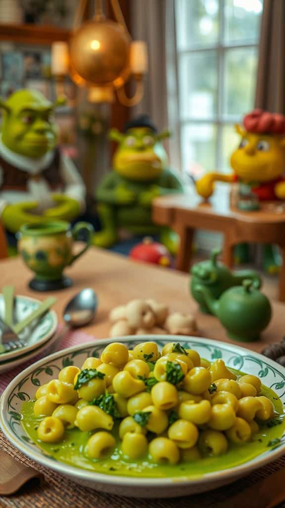 A plate of green-tinted macaroni and cheese with herbs, surrounded by Shrek-themed decorations and figures.