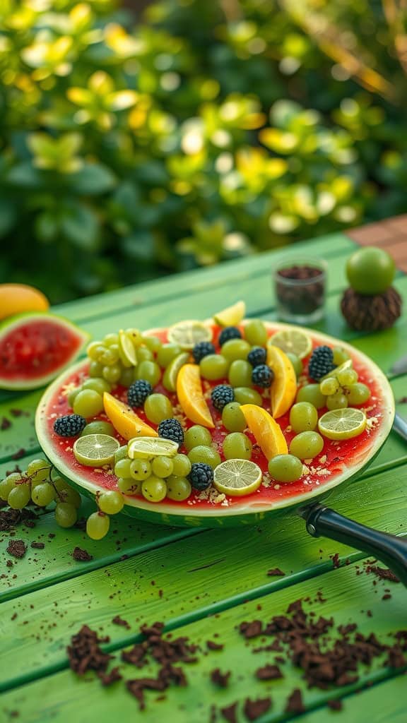 A vibrant watermelon pizza topped with green fruits like grapes, kiwi, and blackberries on a green table.