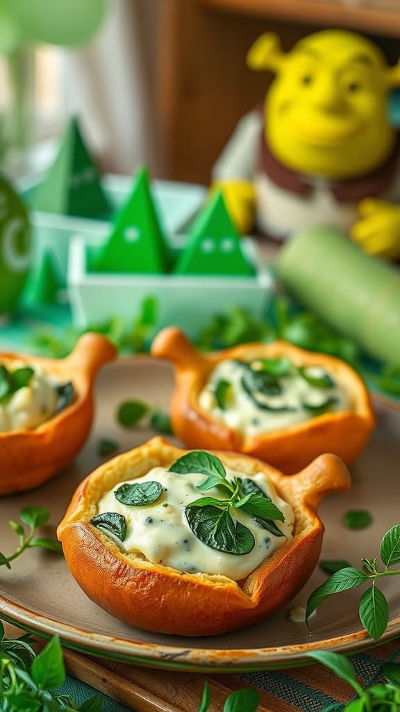 A plate of bread bowls filled with spinach dip, garnished with spinach leaves, on a table with a Shrek figure in the background.