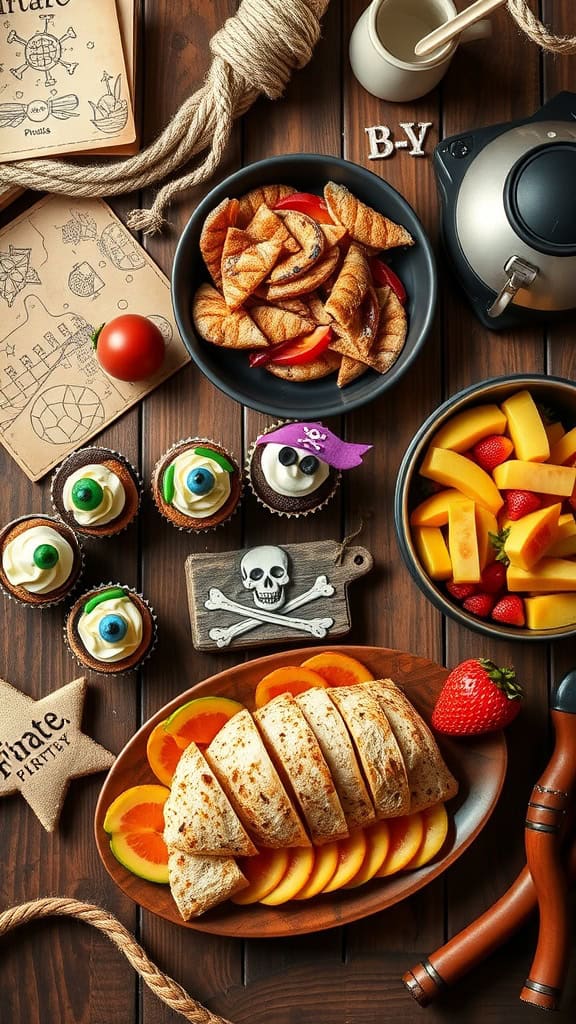 A colorful display of pirate-themed party foods, including wraps, fruits, and cupcakes.