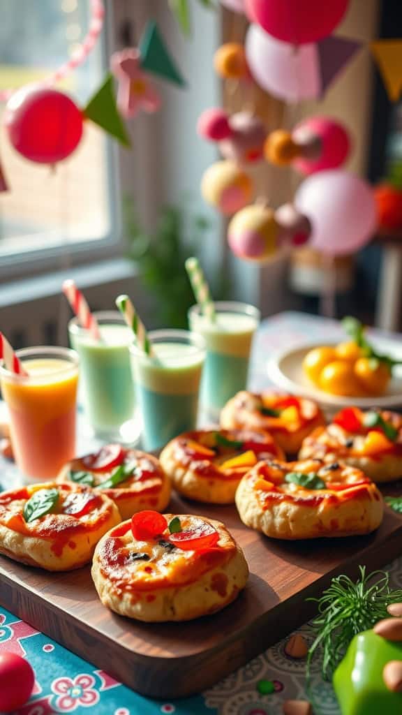 Mini pizza bites on a wooden platter with colorful milkshake shooters in the background.