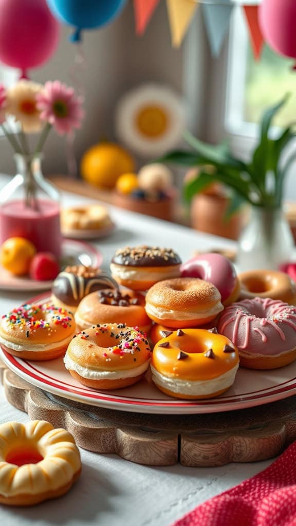 Colorful mini donuts on a plate, ideal for breakfast parties.