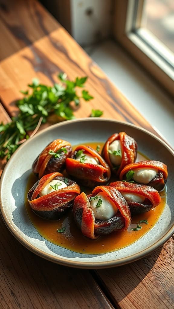 Plate of bacon-wrapped dates filled with goat cheese, garnished with parsley.