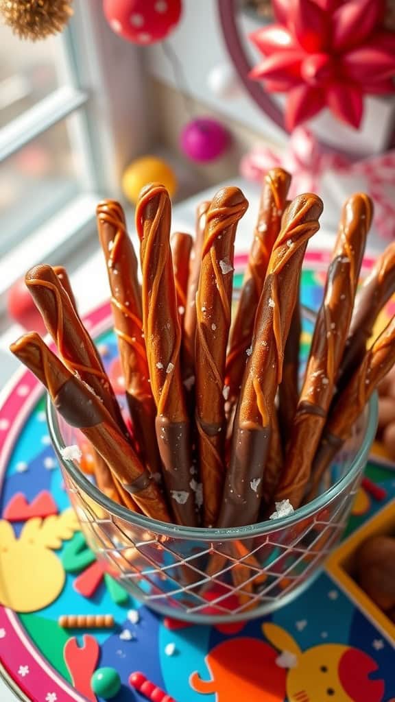 Sweet and salty chocolate-covered pretzel sticks in a clear bowl