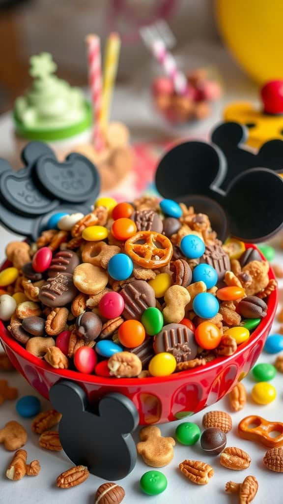 Colorful Mickey Mouse themed trail mix with pretzels, chocolate candies, and nuts.