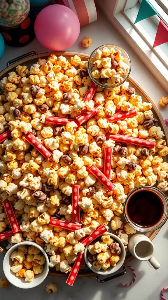 A delicious Sweet & Salty Popcorn Bar Platter with various popcorn flavors and colorful toppings.