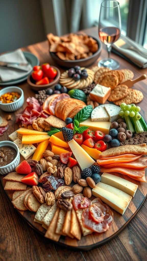 A colorful sweet and salty snack board with cheese, fruits, nuts, and crackers