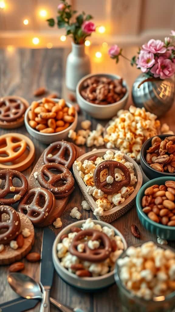 A variety of sweet and salty snacks including pretzels, popcorn, and nuts on a wooden table.