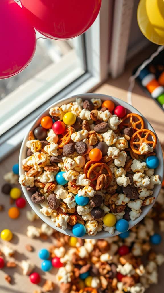 A colorful bowl of sweet and savory snack mix, featuring popcorn, pretzels, and candies.