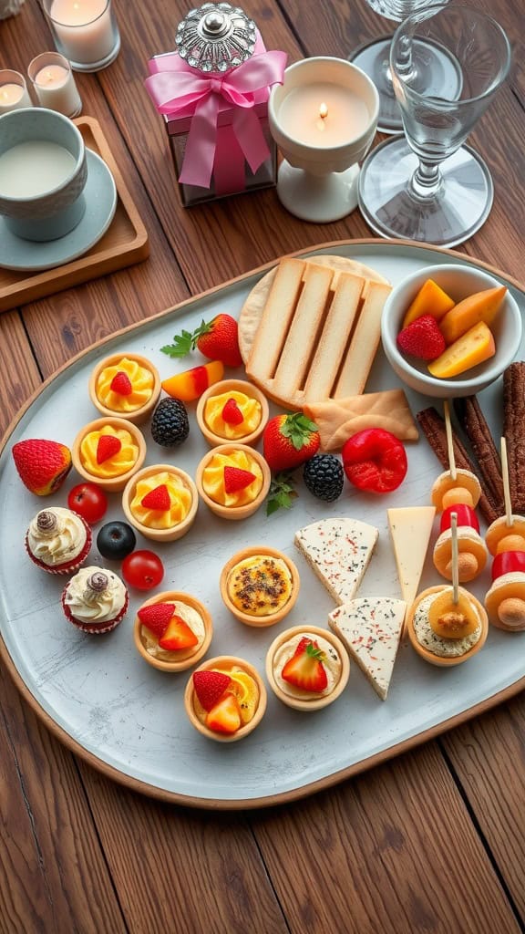 A beautifully arranged platter of sweet and savory engagement party foods including fruit tarts, assorted cheeses, and crackers.